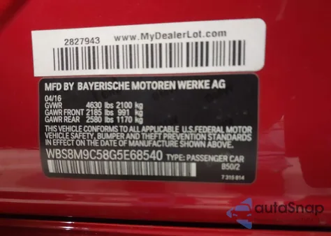 2016 BMW M3 from USA, damaged, VIN WBS8M9C58G5E68540